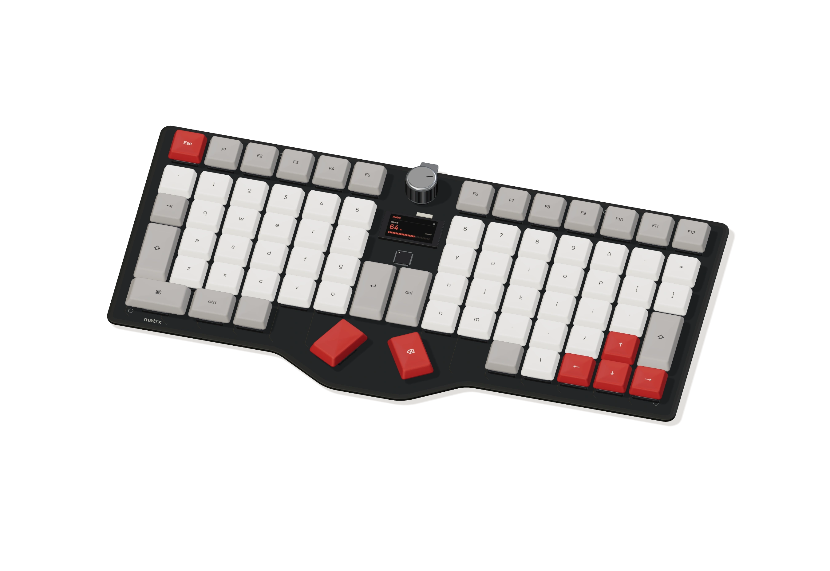 Matrx ergonomic mechanical keyboard, with a full function row, thumb keys, a dial and a screen.